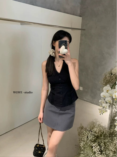 Sleeveless V-neckline Lace Trim Back Tie Blouse